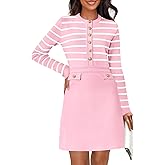 MEROKEETY Women's Long Sleeve Striped Sweater Dress Button Crewneck Fall Bodycon Formal Mini Dresses