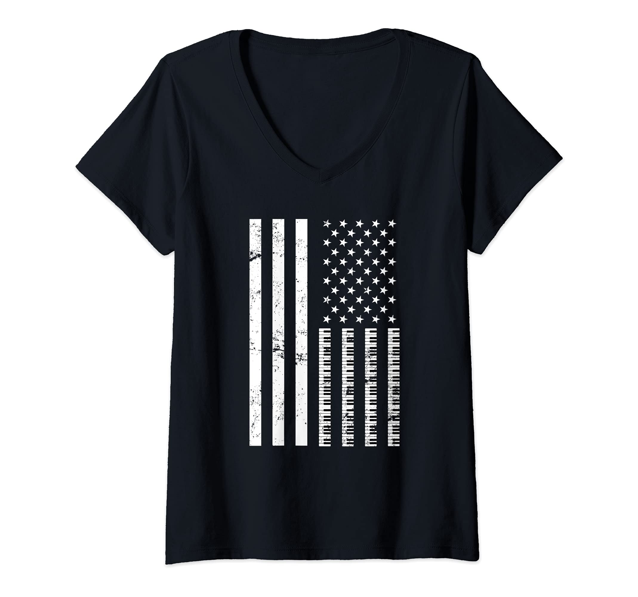 Womens Pianist Keyboard Classical Music US Flag Piano Player Piano V-Neck T-Shirt