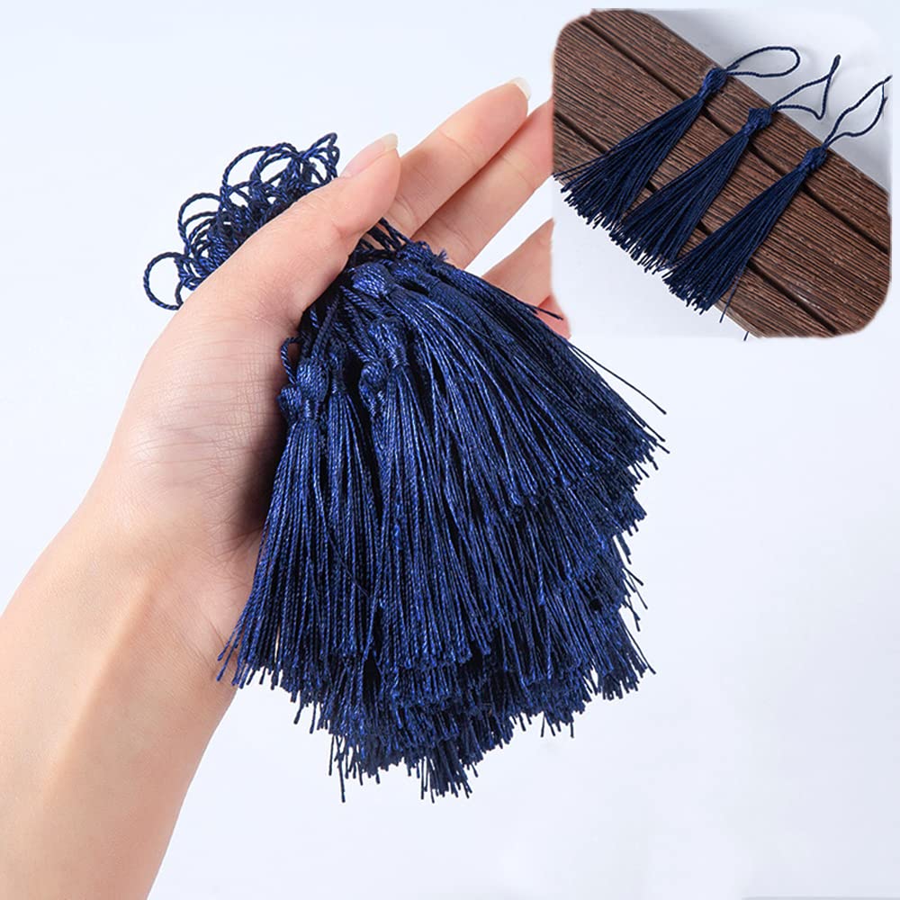 Pack of 50 Handmade Silky Mini Tassels, Colourful Tassels Bookmarks, Straight Tassels Pendant with Rope Loop for Jewellery Making, DIY Craft Accessories, Bags, Bookmarks, Souvenirs, Navy Blue