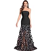 Women's Natural Strapless Dress Bustier Slim Black Top Splicing White Polka Dot Net Yarn Gown