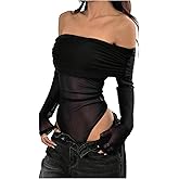 OYOANGLE Women's Off Shoulder Long Sleeve Sheer Bodysuits Ruched Going Out Bodysuit Tops