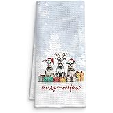 QICLM Winter Christmas Schnauzer Dog Kitchen Towels, Schnauzer Gifts Dish Tea Towels for Kitchen Decor, Holiday Merry Christmas Hat Dog Decorative Hand Towel for Bathroom, 16x24 Inch