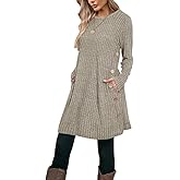 Poetsky Women Long Sleeve Tunic Tops to Wear with Leggings Side Buttons Long Shirts Rib Sweater Dress with Pockets S-3XL
