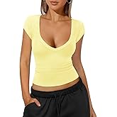 NEJXQ Womens Deep V Neck T Shirts for Women Ribbed Knit Slim Short Cap Sleeve Tee Casual Backless Workout Going Out Tops