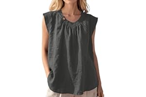Womens Cap Sleeve Cotton Linen Tank Tops Summer Casual Loose Fit T Shirts Crew Neck Sleeveless Basic Tee Shirts