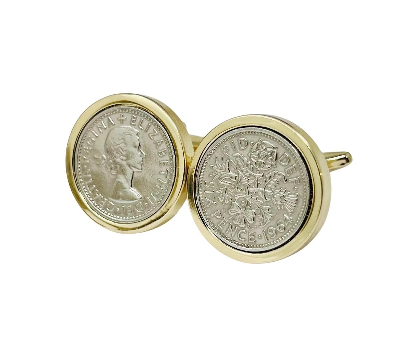Polished Sixpence Gold Mount Cufflinks | 1964 Anniversary Coins 62nd Birthday