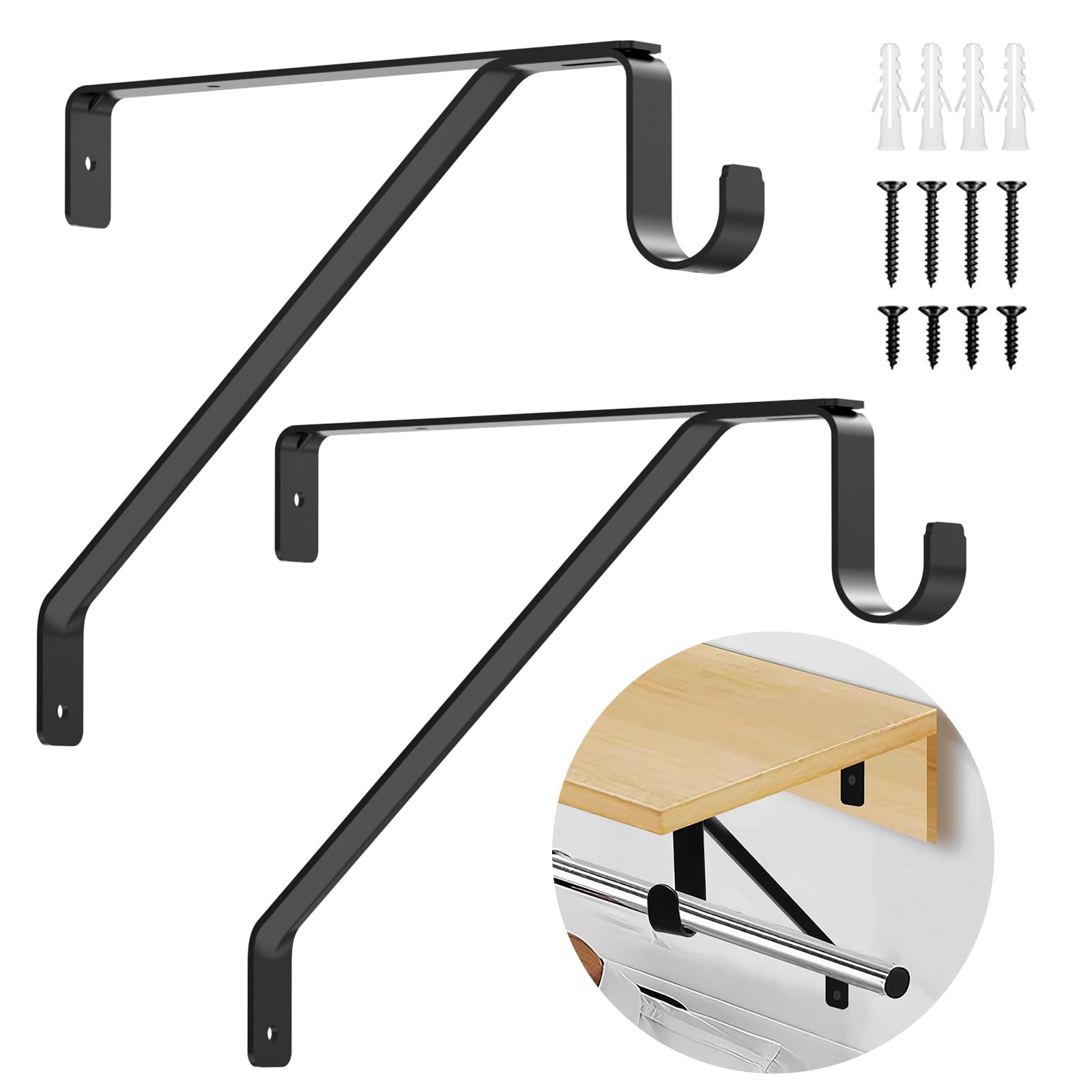 Closet Shelf & Rod Brackets Heavy Duty, 2-Pack Triangular Wall Mounted Shelf Brackets with Clothes Rail Pole Hook, 50kg Load, Space-Saving Storage Solution for Wardrobe, Garage, Laundry Room