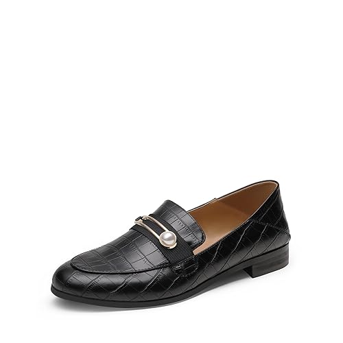 DREAM PAIRS Womens Penny Loafers Slip-on Low Heel Oxfords Pearl Buckle Moccasins Smart Work Office Flats Shoes Black,Size 5,Black Stone/Pu,SDLS2207W
