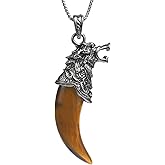 LDADAN Wolf Head Necklace, Natural Amethyst Pendant, 26' Stainless Steel Chain, Viking Tribal Jewelry Gift for Men and Women