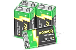 9V Lithium Battery, High Capacity 1300mAh,with 2 in 1 USB-C Charging Cable, Rechargeable 9 Volt Square Batteries for Smoke De