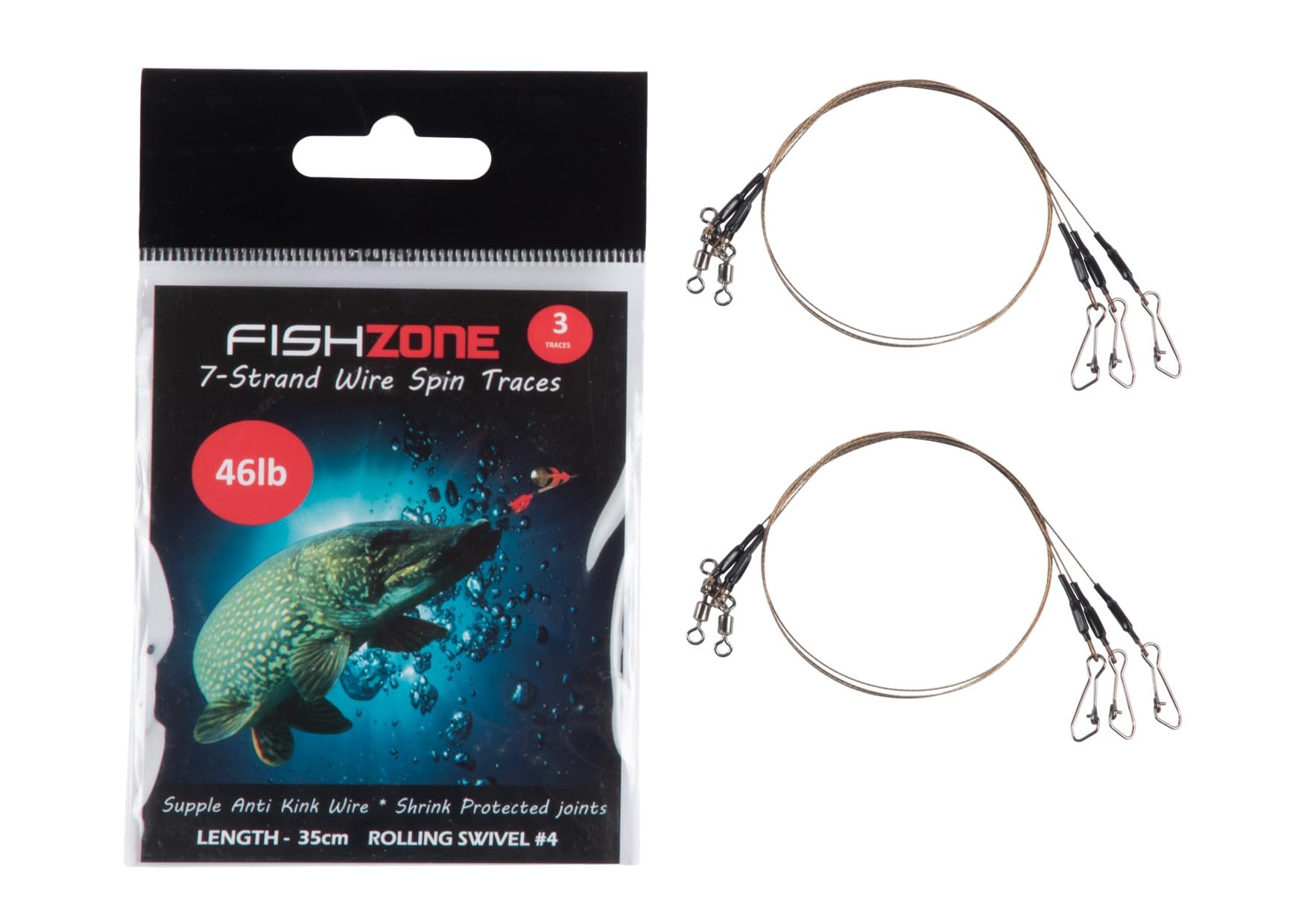 FISHZONE - 6 (2 packs of 3) 7-Strand 35cm Steel Wire Spin Traces with Rolling Swivel - 18lb 24lb 34lb 46lb - For Making Predatory Fishing Rigs (34lb - Length 35cm - #6 Swivel)