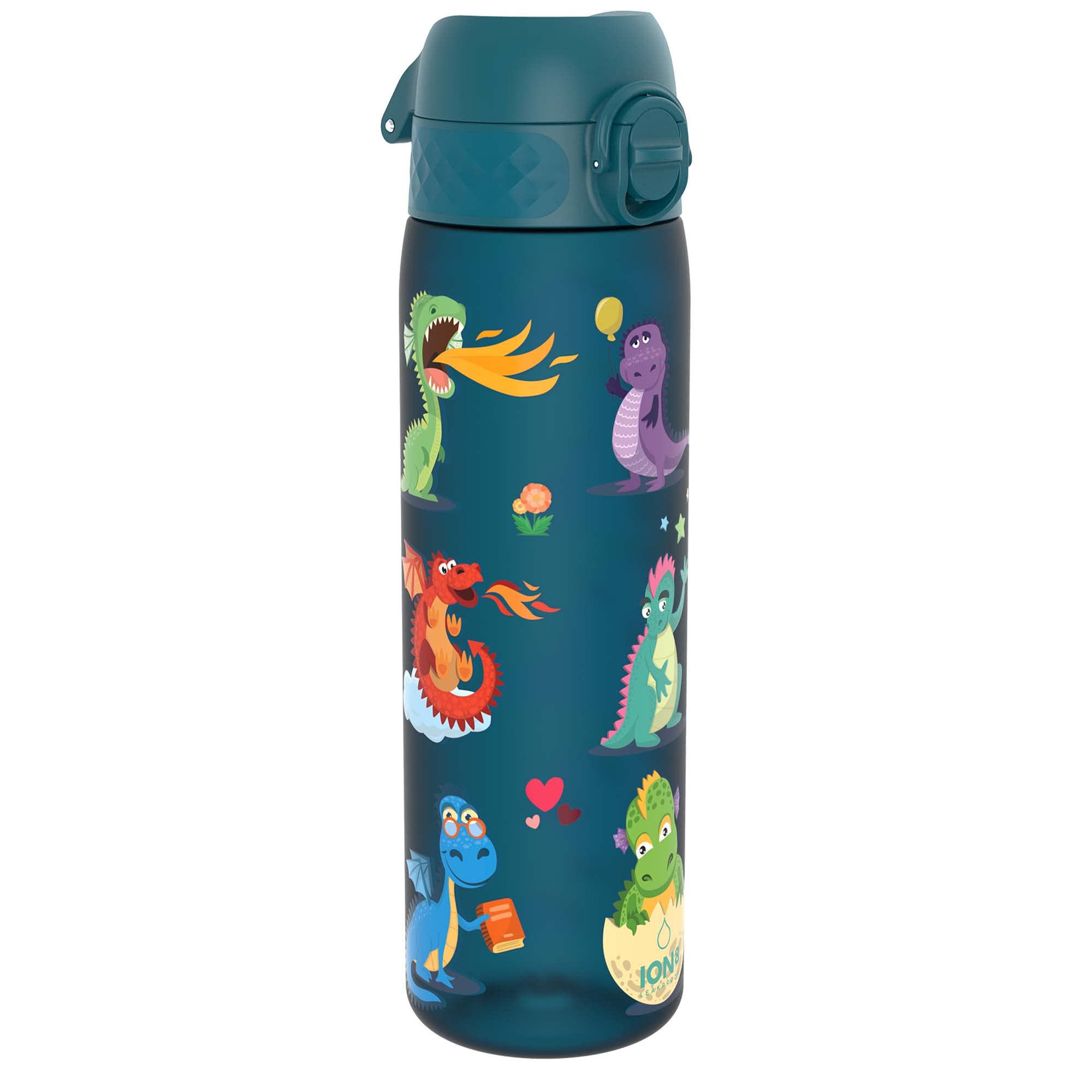 Ion8 Water Bottle, 500 ml/18 oz, Leak Proof, Easy to Open, Secure Lock, Dishwasher Safe, BPA Free, Hygienic Flip Cover, Carry Handle, Easy Clean, Odour Free, Carbon Neutral, Dragons Design