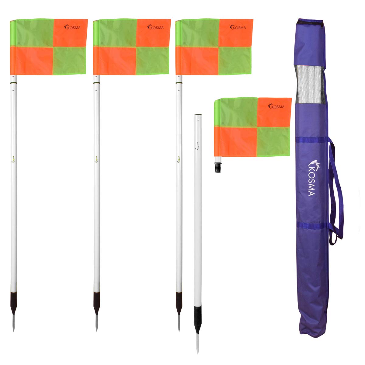 Kosma 4pc pole set 150-180cm Adjustable White pole with rubber base spring and metal spike - Yellow/Orange Quadrant Pattern Flags (in carry bag)