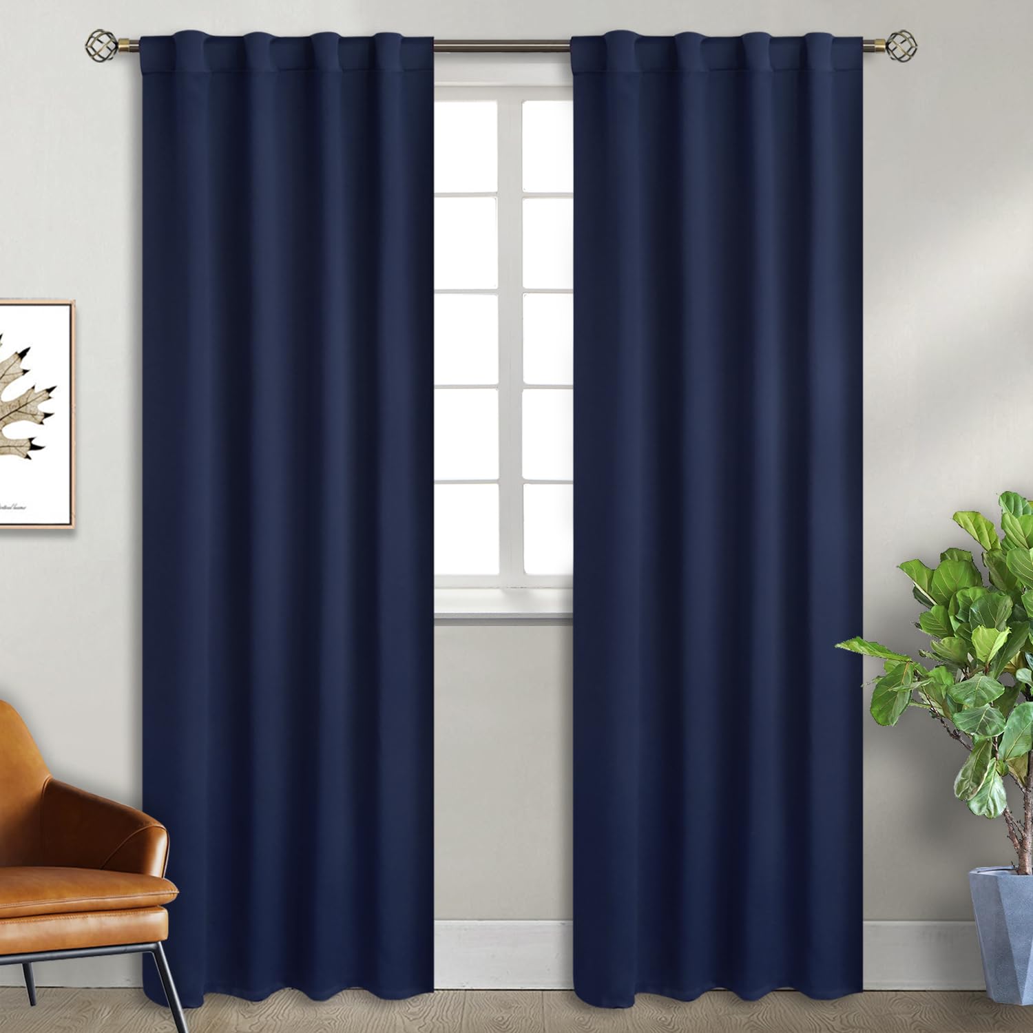 BGment Navy Blue Black Out Curtains 84 Inch Long - Thermal Insulated Blackout Noise Reducing Energy Efficiency Room Darkening Solid Rod Pocket and Back Tab Curtains for Living Room, 34 x 84 Inch Image