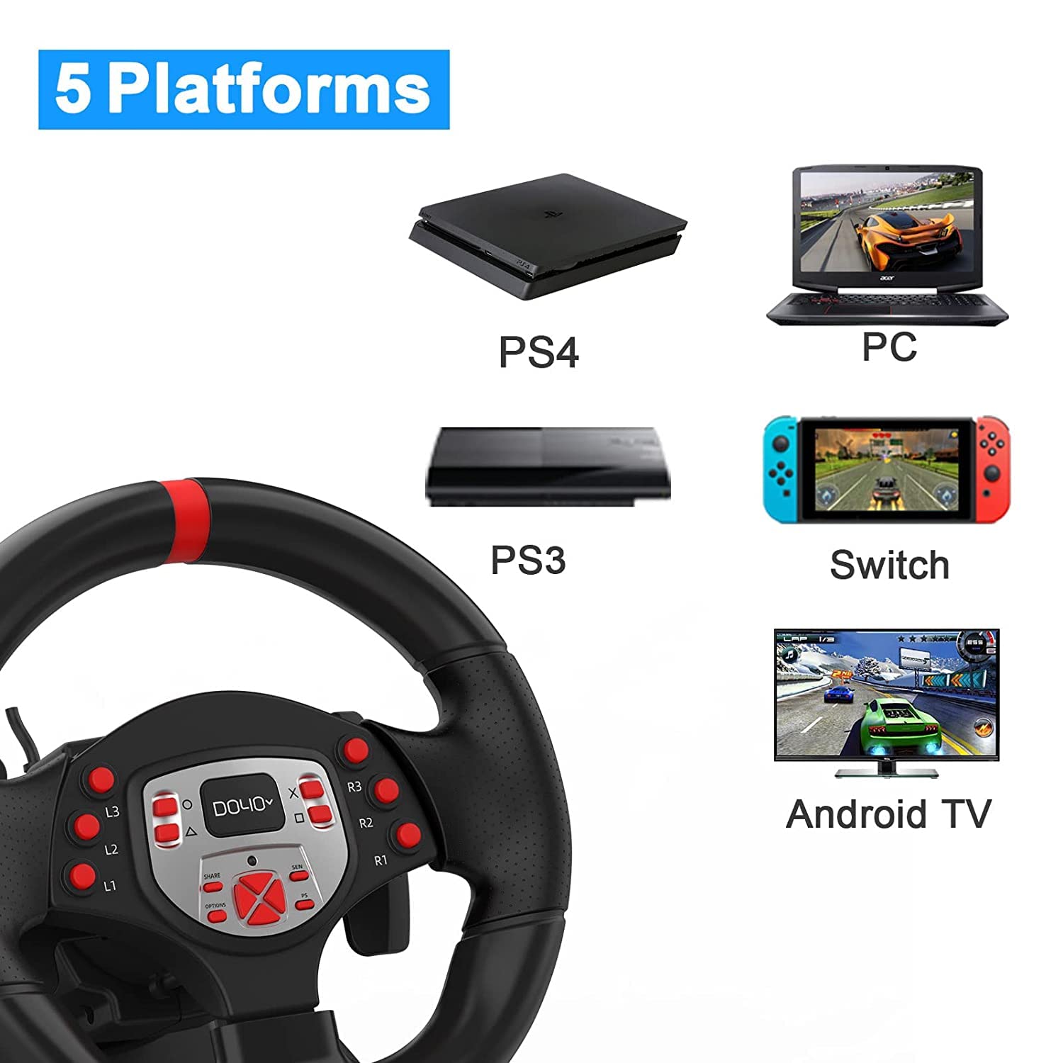 DOYO PS4 Gaming Racing Steering Wheels with Pedals and paddle Shifters for PC, 180° Volante PC Plug and Play with Height and Tilt Adjustable for Playstation 3/ Switch/Android