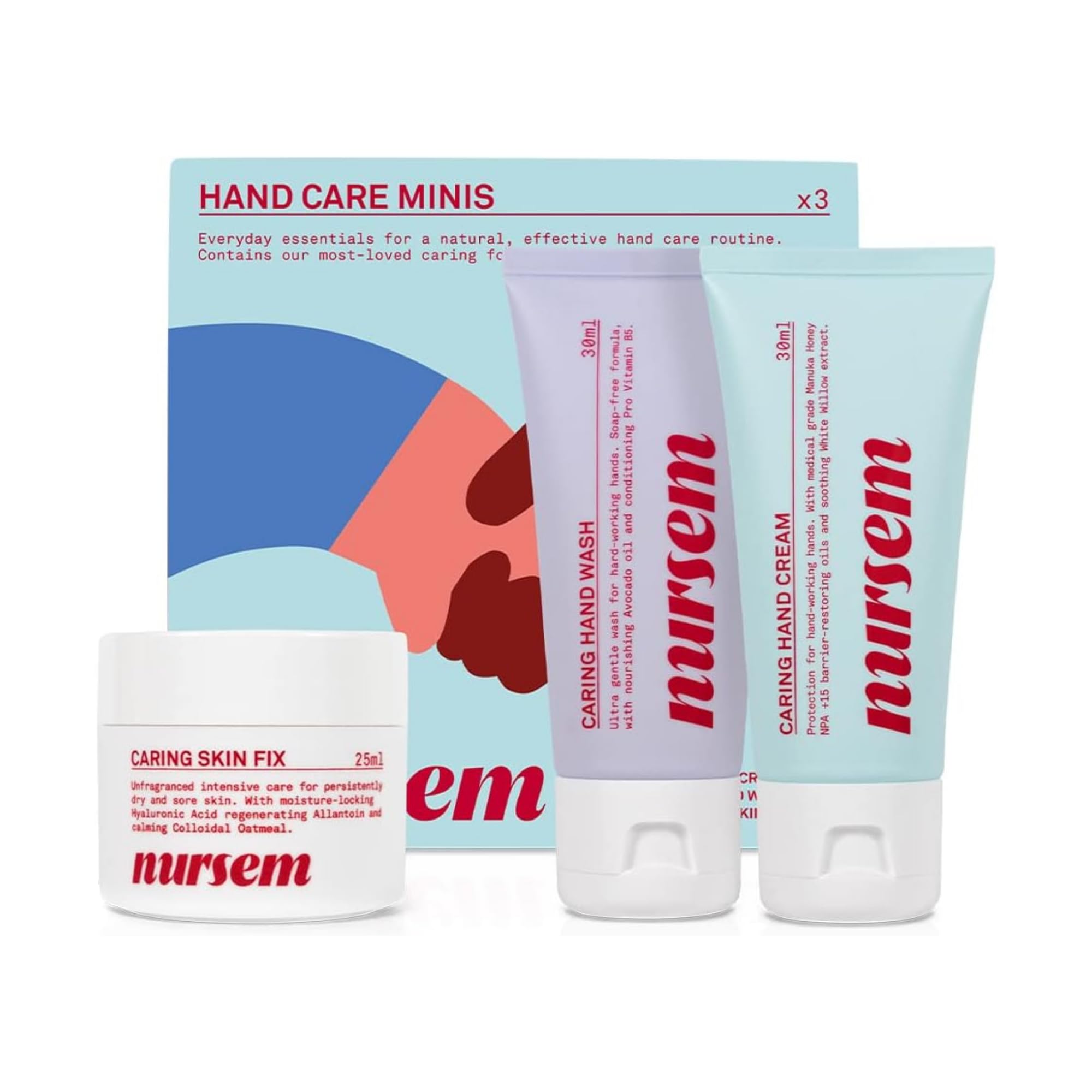 Nursem Hand Care Minis Set, Hand Wash, Hand Cream & Skin Fix, Soothes, Moisturises, Nourishes & Repairs Dry, Sensitive or Hard-Working Hands, Mini Gift Set, Vegan, Dermatologically Tested