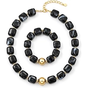 Chunky Resin Beaded Choker Necklace and Bracelet Set for Women, Y2K Boho Summer Beach Jewelry, 18K Gold Plated Adjustable Nec