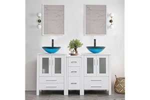 UEV 60" White Bathroom Vanity Set, Double Vanity with Double Vessel Sink Combo and Removable Side Cabinet (A10 Vessel Set)