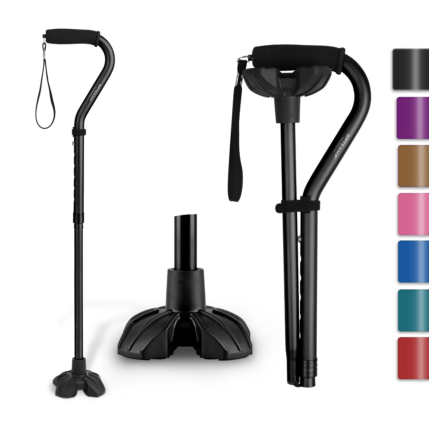 GPTCAMP G1 Walking Stick, Walking Cane for Women & Men with Wrist Strap, Lightweight & Sturdy Offset EVA Handle, Large Quad Base, Self Standing for Seniors and People with Injuries & Recovery