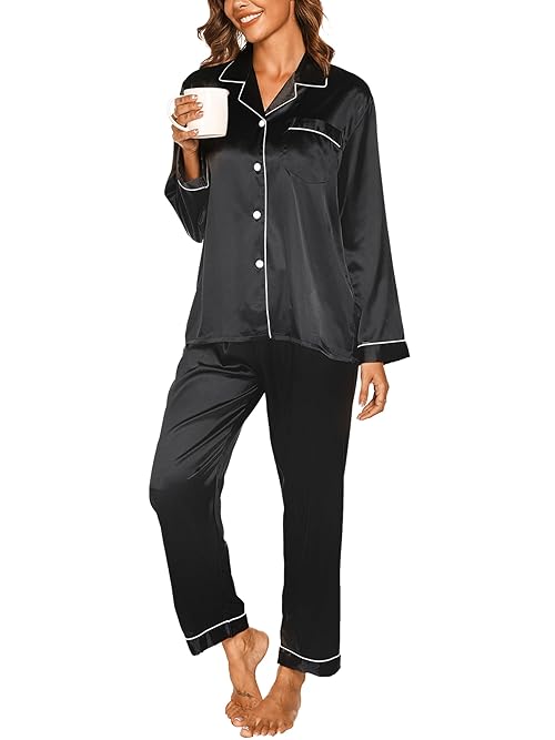 Reliwel Women's Pyjama Sets Silk Satin Long Sleeve Button Down Ladies Pjs Two Piece Comfy Sleepwear and Loungewear Set Black XL