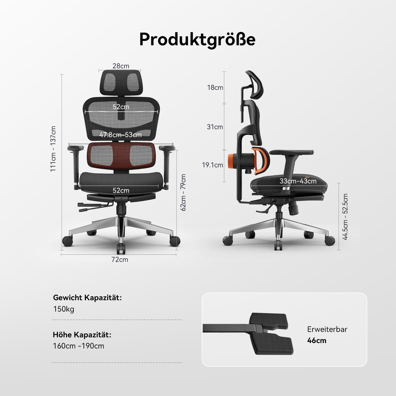 Newtral NT002 Bürostuhl Ergonomisch mit Fußstütze, Ergonomischer Schreibtischstuhl 150kg, Ergonomic Office Chair PC Stuhl mit Verstellbare Kopfstütze Armlehne (NT002 mit Fußstütze, Schwarz) 6