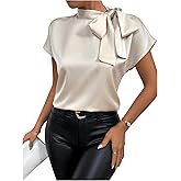 Milumia Women's Bow Tie Mock Neck Cap Sleeve Satin Blouse Office Shirts