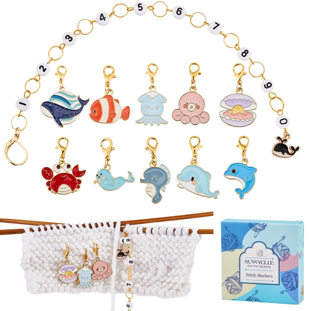 SUNNYCLUE 1 Box 11Pcs Sea Animals Knitting Tool Sets Summer Ocean Stitch Markers Knitting Crochet Stitch Marker Knitting Markers Numbers 0-9 Knitting Row Counter Chains for Knitting Weaving Sewing
