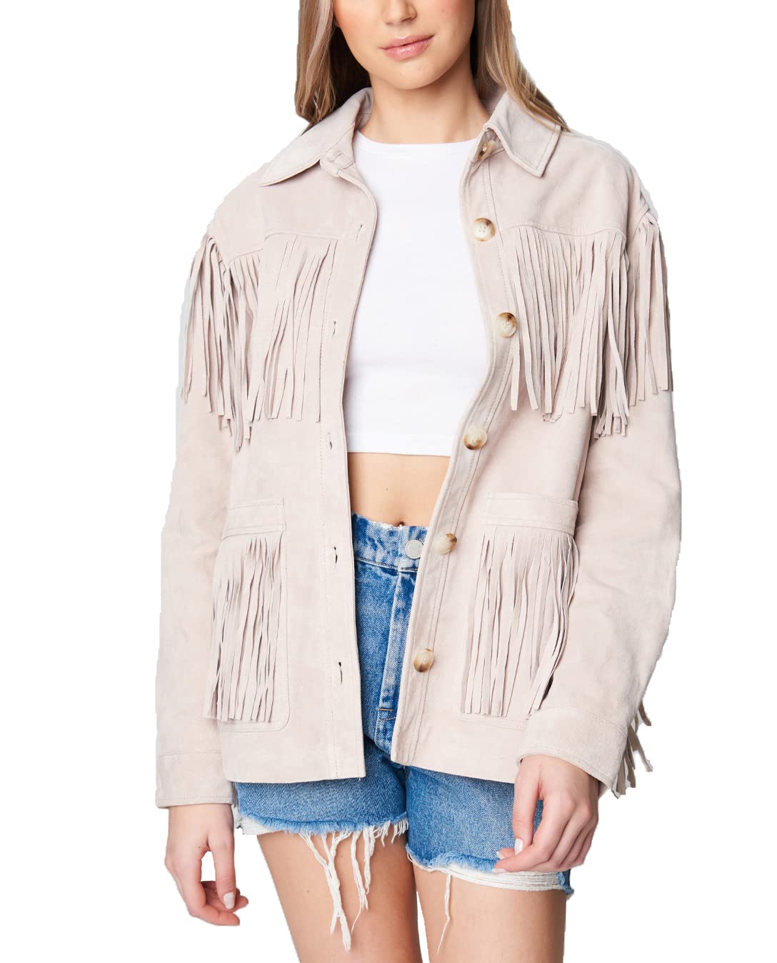 View 1 of [BLANKNYC] Womens Real Suede Fringe Shirt Jacket, Stylish Coat & Designer Clothing, Peony, X-Small
