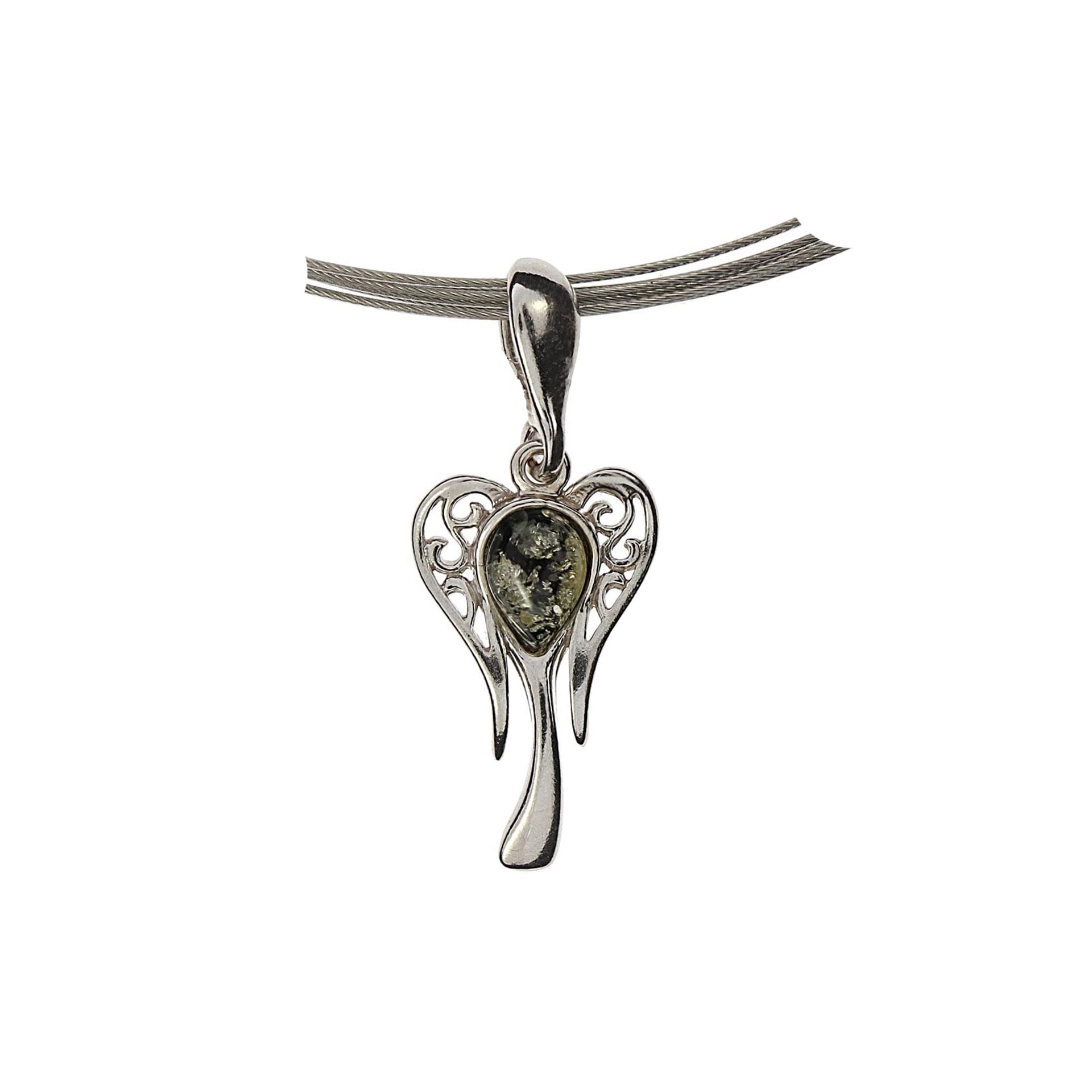 Artisana-Schmuck Amber Pendant Green Angel with Amber Set in Rhodium-Plated 925/000 Sterling Silver, Baltic Amber Rhodium-plated 925/000 sterling silver, Amber