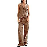 Fisoew Women's Two Piece Denim Set Button Down Backless Tank Top and Wide Leg Jeans 2 Piece Outfit Suit