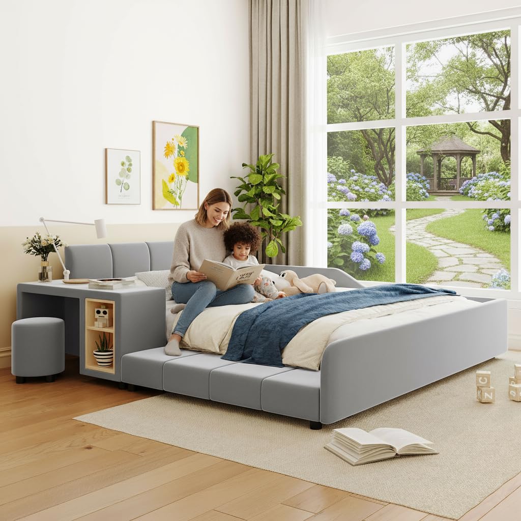 Photo 1 of ***TRUCK/TRAILER PICKUP ONLY***Merax Queen Upholstered Plush Velvet Mother and Baby Bed with Cushioned Ground,Bedside Table and Round Stool?Grey