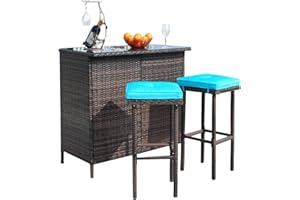 Polar Aurora 3PCS Patio Bar Set with Stools and Glass Top Table Patio Wicker Outdoor Furniture with Blue Removable Cushions for Backyards, Porches, Gardens or Poolside