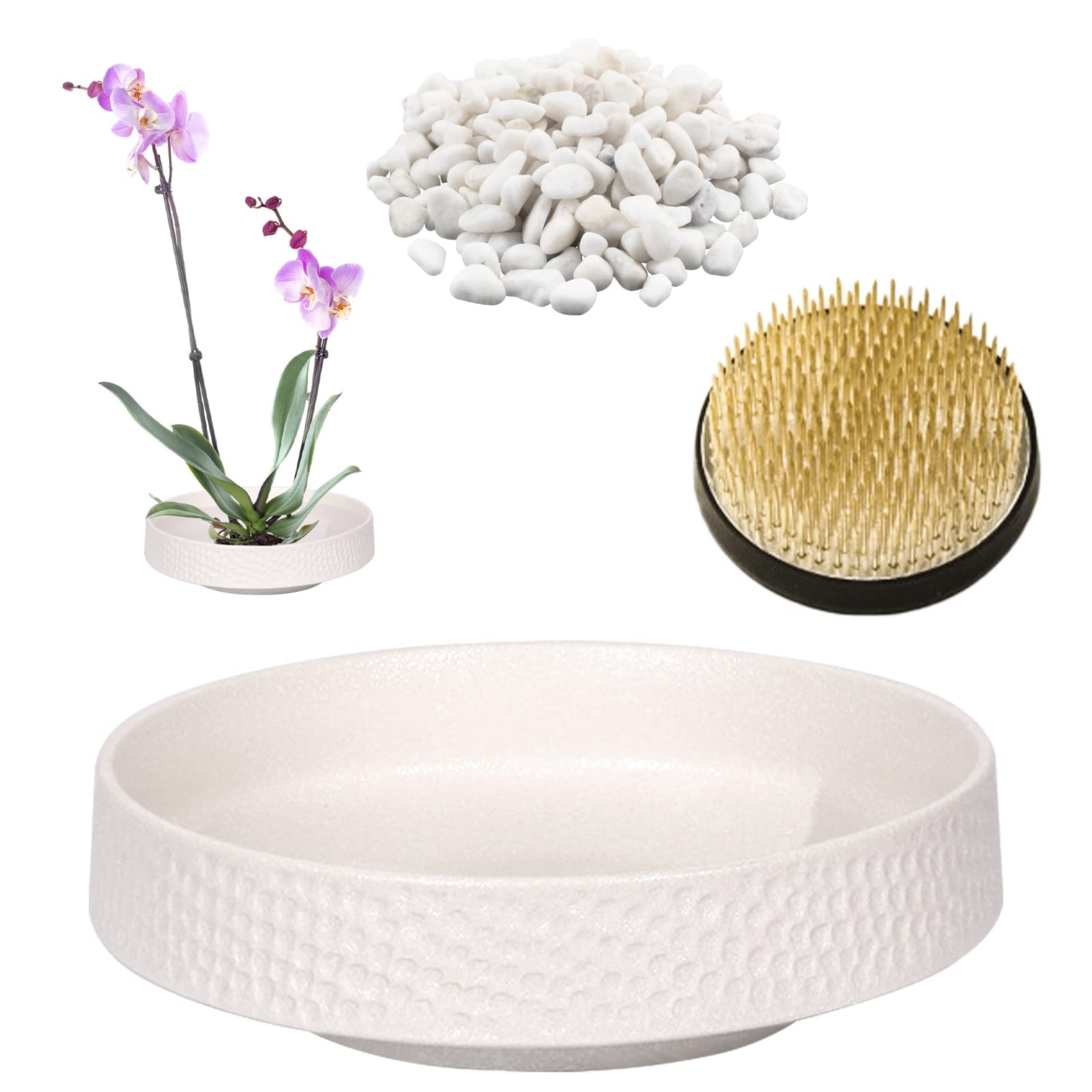 WANDIC Flower Arranging Supplies, Round Flower Frog & Ceramic Flower Pot Hammer-Pattern White Flower Arrangement Pot for Ikebana Floral Art Home Office Decoration(L)