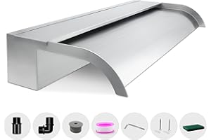 LONGRUNNEW Waterfall Spillway, Stainless Steel Pool Fountain w/Top Open Lip & Pipe Connector Kits for Outdoor/Indoor Decorative, 23.6'' Pool Water Feature for Garden Patio, Backyard Koi Pond Decor