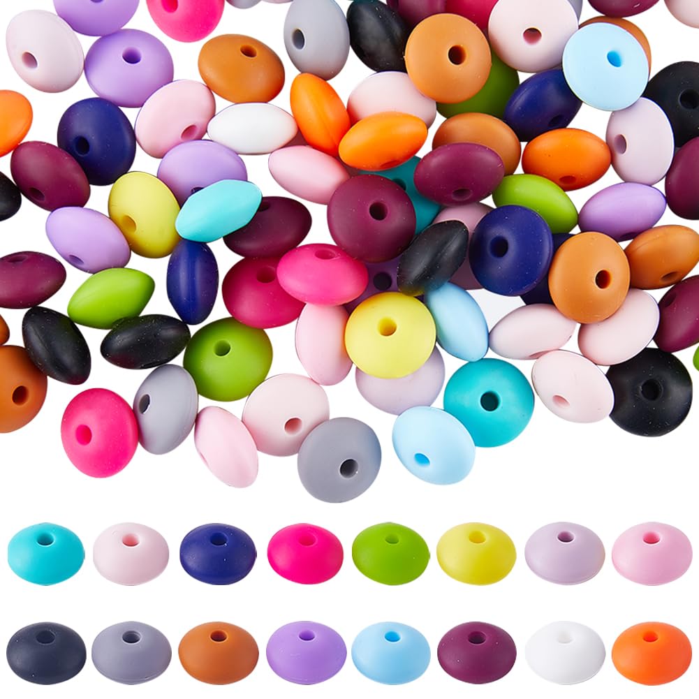 SUNNYCLUE 150PCS 15 Colors 12mm Silicone Abacus Beads Bulk Lentil Shaped Silicone Beads Cute White Blue Flat Round Rubber Soft Loose Spacer Bead for Keychain Pen Making Kit Beading Bracelets Craft