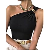 GORGLITTER Women's One Shoulder Tops Metal Flower Ruched Tank Going Out Crop Top