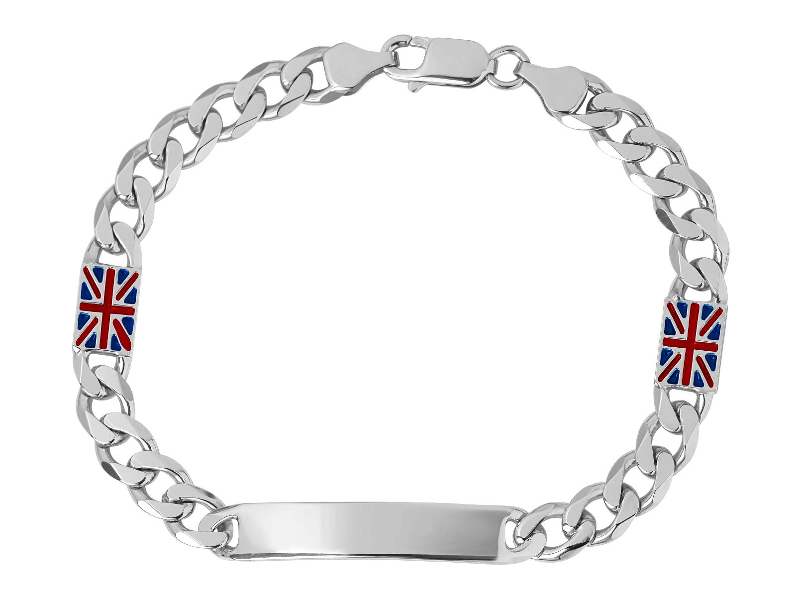 AKA Jewellery - Mens ID Bracelet with England Flag Tag in Sterling Silver 925 Rhodium, Size 8 inch