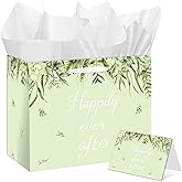 HSKMAKE Elegant Bridal Shower Gift Bag Green Wedding Paper Gift Bag with Card & Tissue Paper Engagement Party Favors for Bride-to-Be Bachelorette Bride Engagements Gift