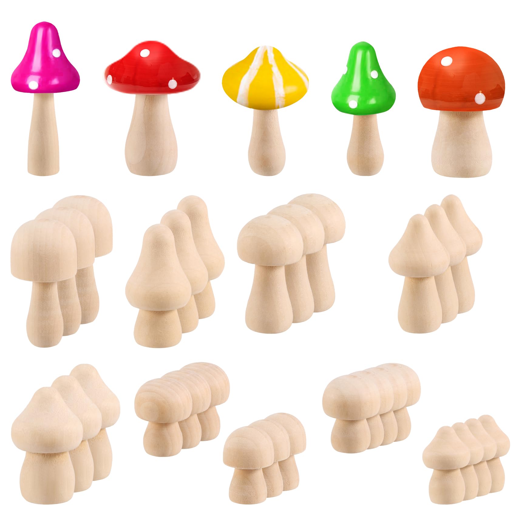 Povxlum 34pcs Unfinished Wooden Mushrooms 14 Sizes Wooden Peg Dolls for DIY and Painting Mini Natural Mushrooms Making for Home Decor and Crafts Unpainted Wood Mushrooms Ornaments
