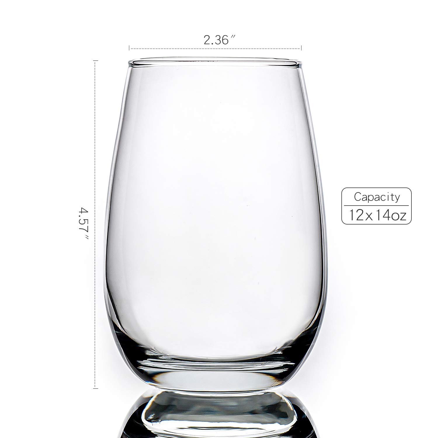 14-Ounce Set of 12 Stemless Red White Wine Glasses, Elegant Clear Party Multipurpose Glassware