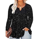 RITERA Plus Size Long Sleeve Tunic Tops for Women Henley V Neck T-Shirt V Neck Casual Blouses Fall Winter Halloween Christmas