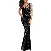 Women One Shoulder 1920s Plus Size Formal Dress Tassels Sleeve Sequins Gatsby Maxi Evening Gown