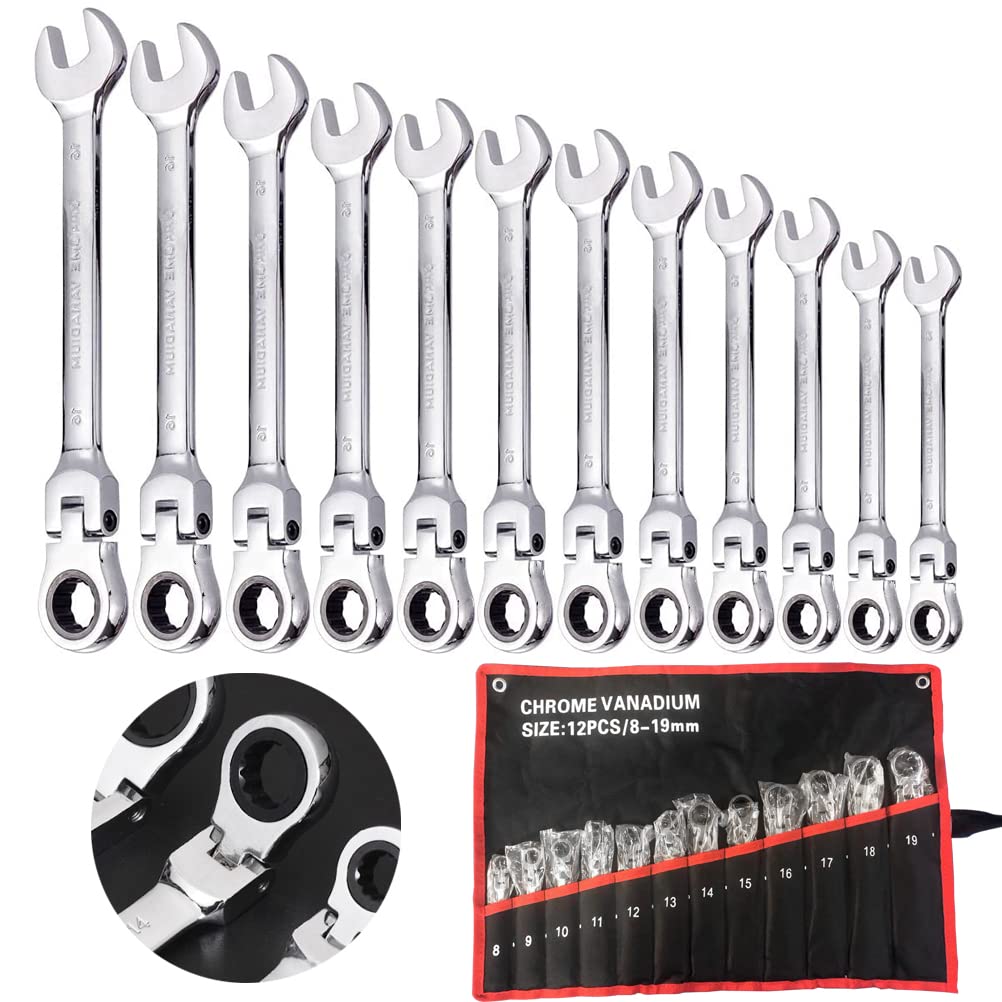 12PCS Flexible Ratchet Spanner Set, 8~19mm Metric Combination Wrench Set With Roll Bag, Flex Head Gear Ring Ratchet Spanner Kit, Chrome Vanadium Steel, Diy Hand Tools For Home, Bike, Car Repairs
