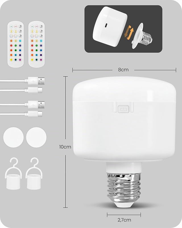 Conjunto de 2 lâmpadas recarregáveis com soquete E27 e comando RGB