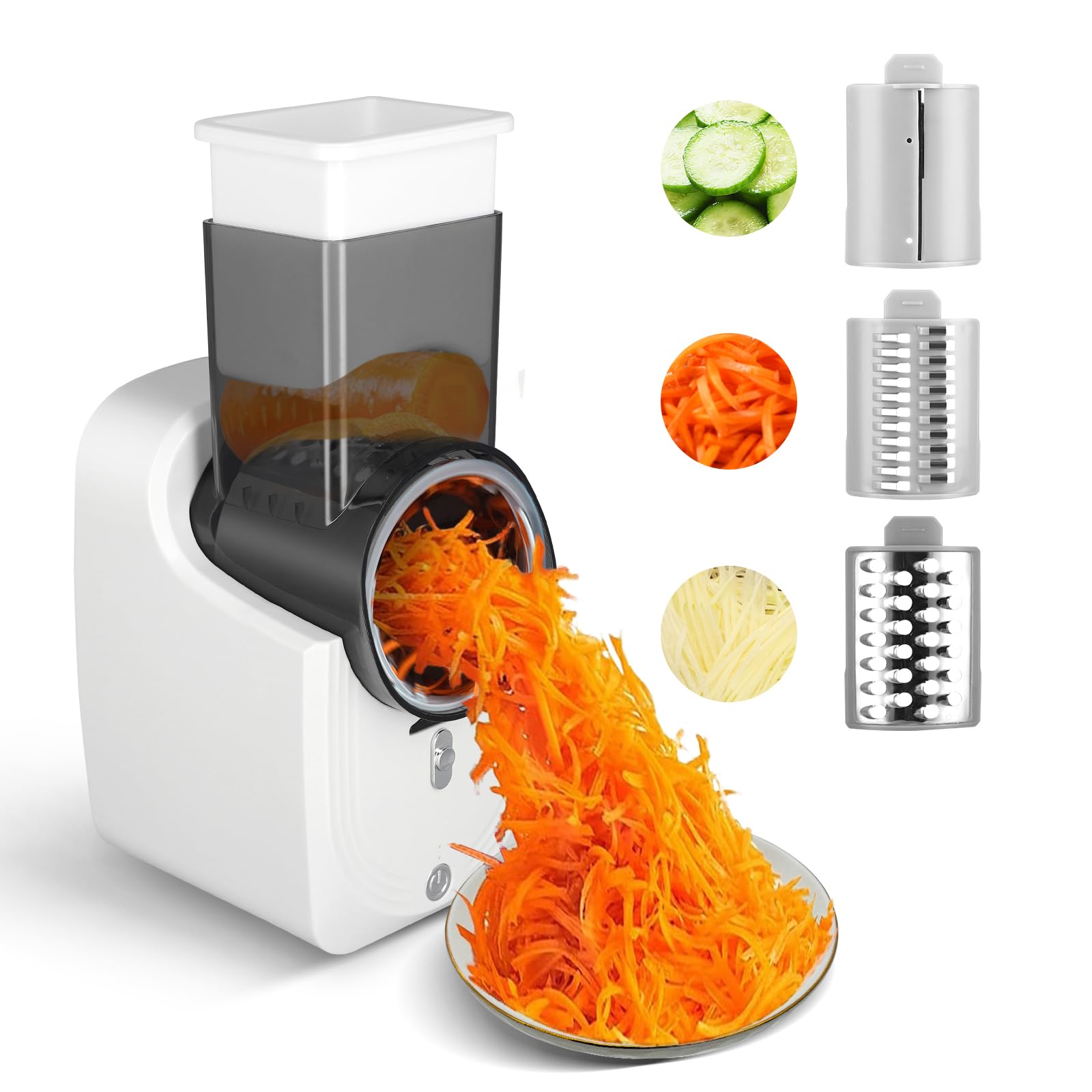 Electric Cheese Grater, Automatic Multi Grater, Professional Chopper Slicer with 3 Types Slice, Detachable Fruit Cutter, Kitchen Electric Slicer for Cheese Vegetables Fruits (White)