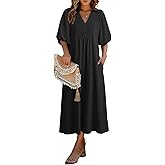 Dokotoo Summer Dresses for Women 2026 Casual Dresses V Neck Puff Sleeve Empire Waist A-Line Maxi Dress