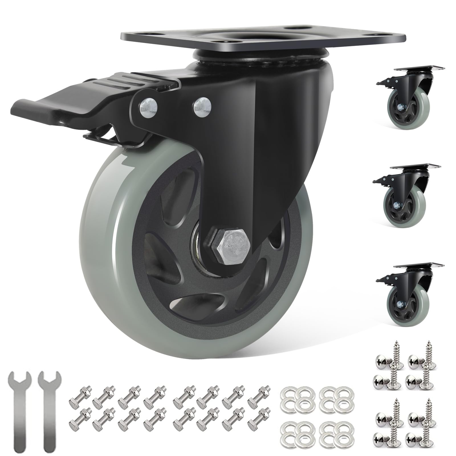 IQWTU 4 Furniture Castors 100MM Heavy Duty Castor Wheels with Brakes, Double Bearing Rubber Swivel Castor PU Trolley Wheels, Industrial Plate Casters Capacity 600KG