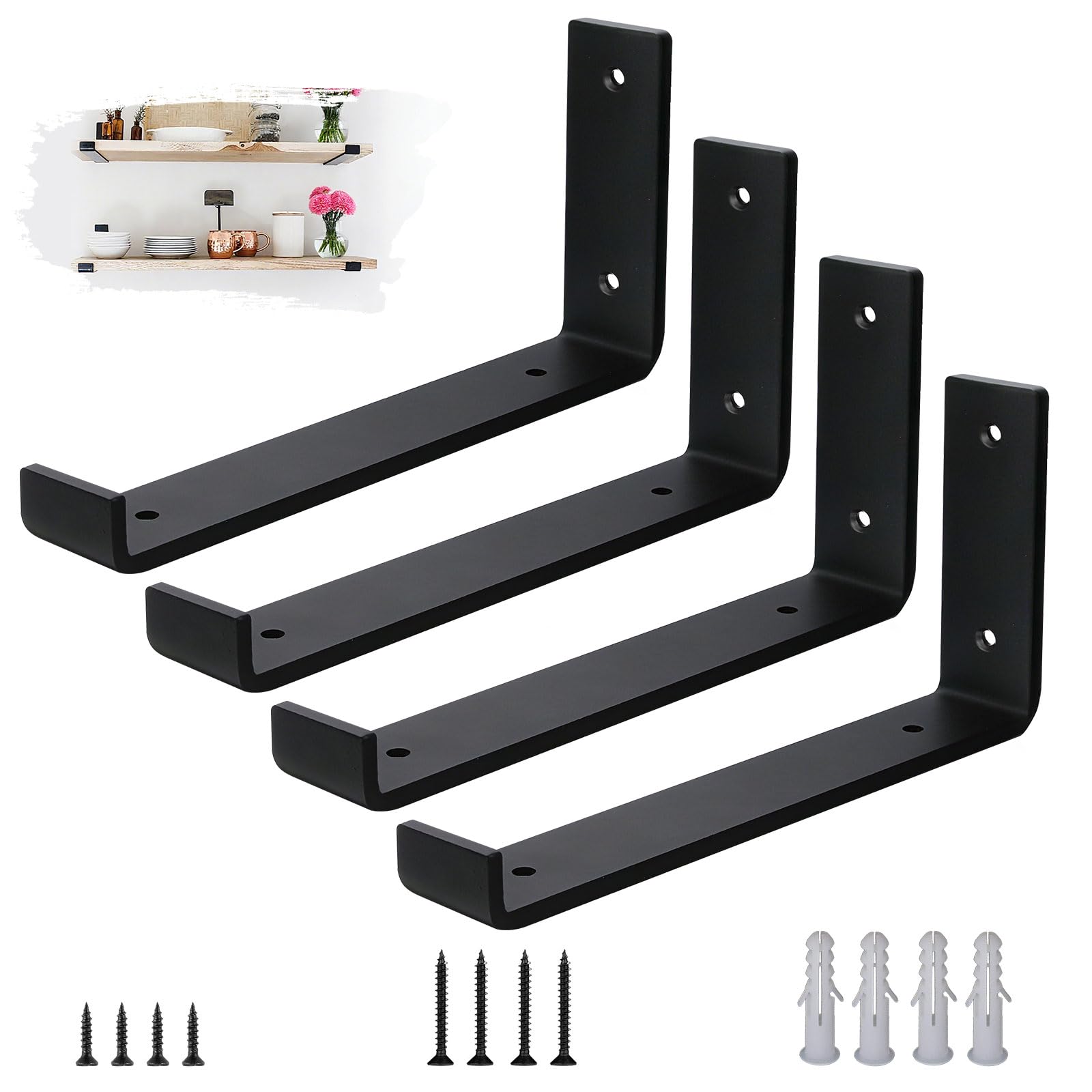 VTOPVMAX Scaffold Board Shelf Brackets 4 Pack - 5mm Thick Steel Heavy Duty Shelf Supports with Lips for 10 x 4 Inch (25cm x 10cm) , Industrial Rustic Black Wall Shelf Brackets Kit