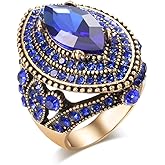 CKHAO Women Ring - 32mm Big Size Antique Gold Plated Turkish Style Blue Gemstone Vintage Ring Women Jewelry J0769BLUE