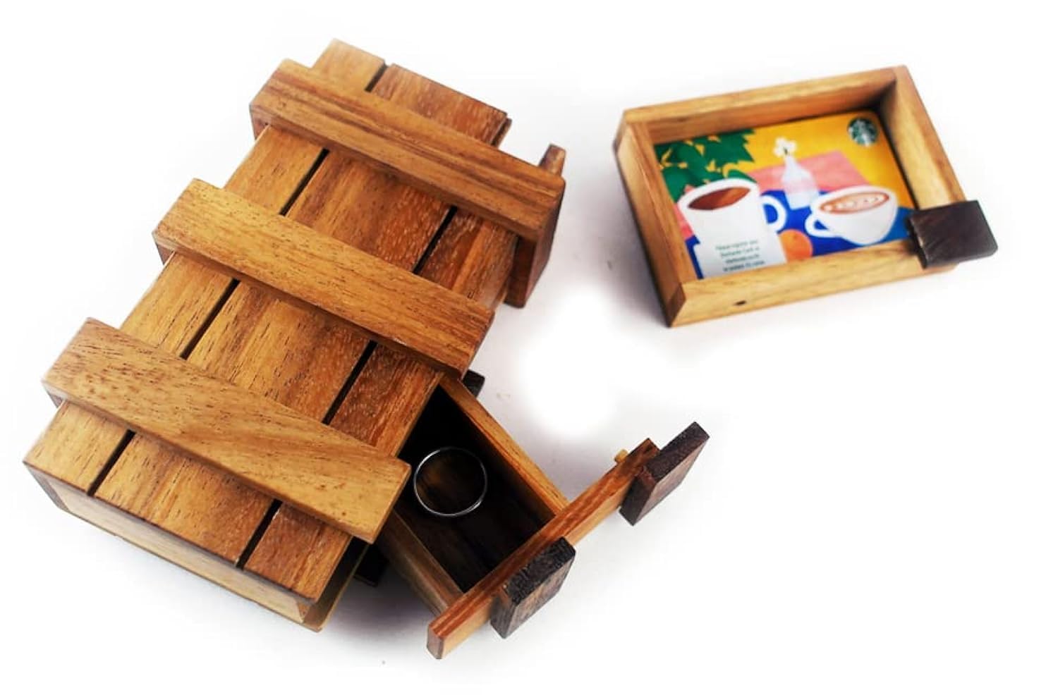 3D Wooden Box Puzzle Secret Unwrap a Hidden Gift Box with a stash or compartments for a Treasure Hunt Puzzle Lover (2 compartments)